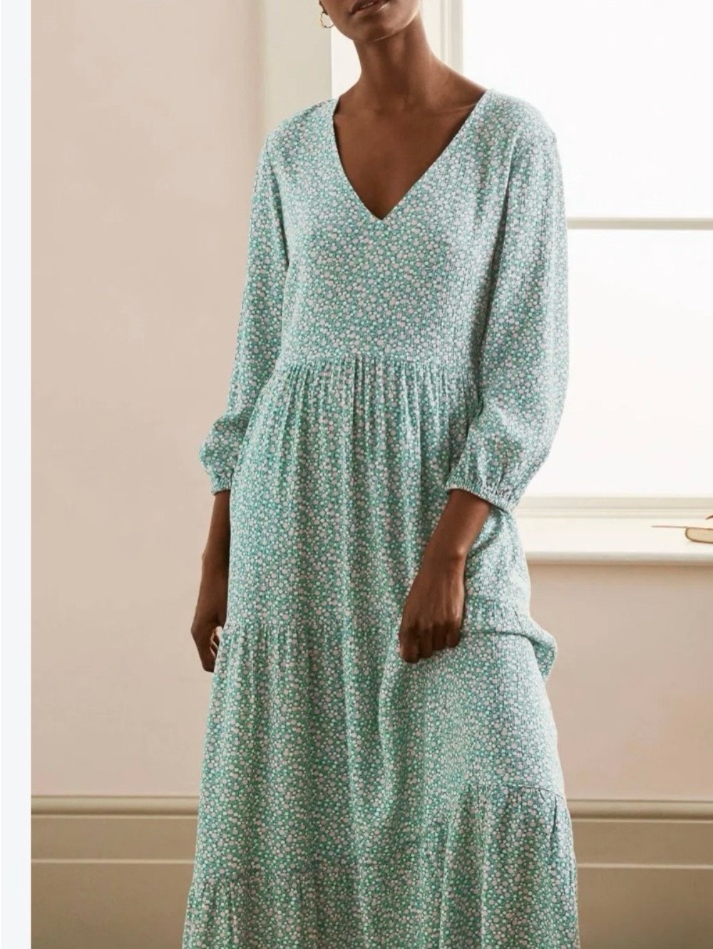 Boden Mint Green Floral V-Neck Tiered 3/4 sleeves Maxi Dress
